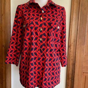 ELIZABETH MCKAY Chain Link Red Blue Pull Over Button Elbow Sleeve Top M